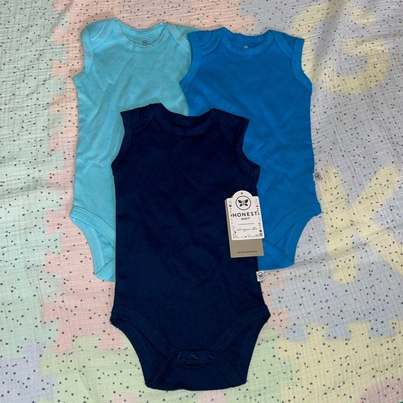 The Honest Company Other - NWT 3 Pk Set HONEST Baby 3-6 Months Blue 100% Organic Cotton Sleeveless Bodysuit